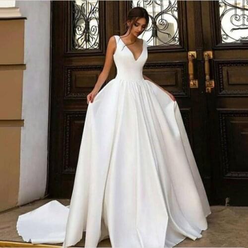 A-line Wedding Dress Boho Ivory Satin V neck Wedding Gowns Elegant Plus Size Simple Bride Dress 2021 suknia ślubna