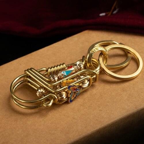Butterfly Blue Round Beads Brass Handicraft Keychain Trinket Car Key Ring Jewelry Bronze Creative Gift Home Decoration Pendant