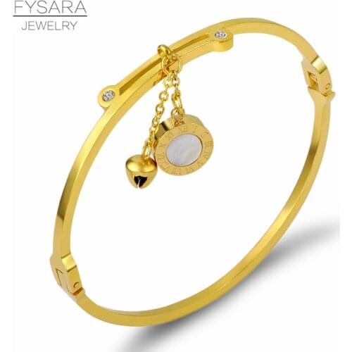 FYSARA Rock Roman White Shell Round Tag Bell Bangles Women Charm Bracelet Luxury Lover Thin Bracelet For Women Fashion Jewelry