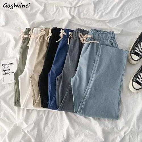 Summer Women Pants Solid Straight Retro Leisure Elastic Waist Soft Loose Simple High Quality Korean Style Trousers Joggers Pant