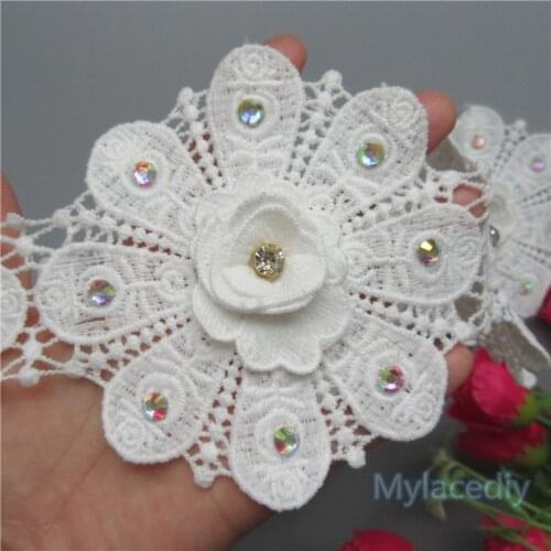 5pcs 11cm Vintage 3D Rhinestones Flower Embroidered Lace Trim Ribbon Floral Applique Patches Fabric Wedding Dress Sewing Craft