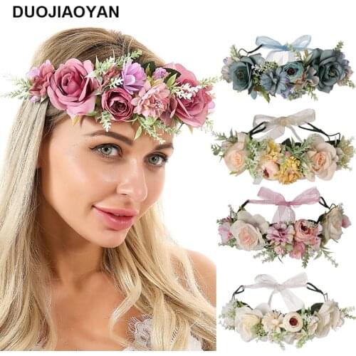 DUOJIAOYAN New Festivals Artificial Rose Flower Crown Hair Wreath With Leaves Bohemia Wedding Headband Bridal Halo Headpiece