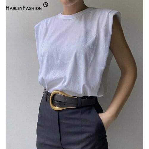 HarleyFashion New Stunning Unique Design Women Fashion Brief Sleeveless Cotton Tees Slim Influencer Loose T-shirts with Pad