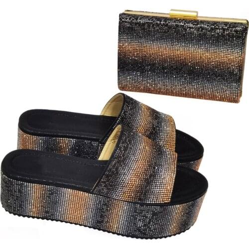 Black Newest Women Wedge Heel Shoes and Bag Set Party African Ladies Slippers With Handbag Zapatos Femenino Sac CR192 Height 5.5