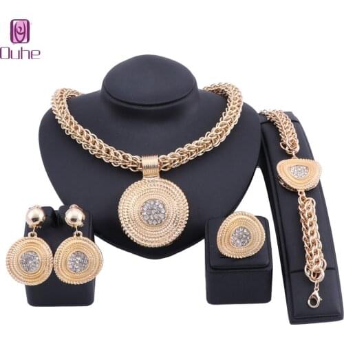 Fashion African Beads Jewelry Set Exquisite Dubai Gold Color Round Crystal Pendant Jewelry Set Nigerian Wedding Bridal Bijoux