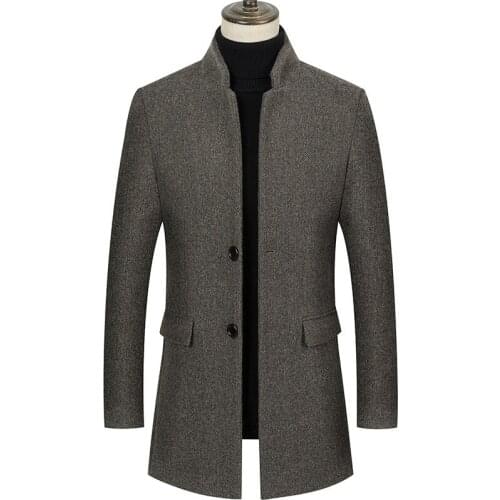 Mens New Woolen Jacket Winter Autumn Male Stand Collar Fashion Thick Long Coat Solid Casual Windproof Coat SA995