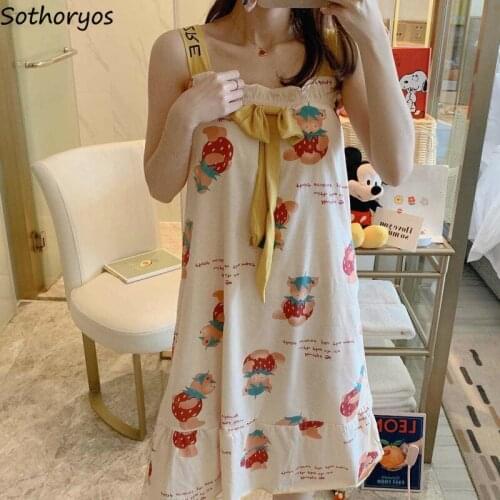 Nightgowns Women Sling Korean Style Cute Sexy Summer Girls Home Wear Plus Size 2XL Loose Printed Sleepwear Kawaii Trendy Elegant