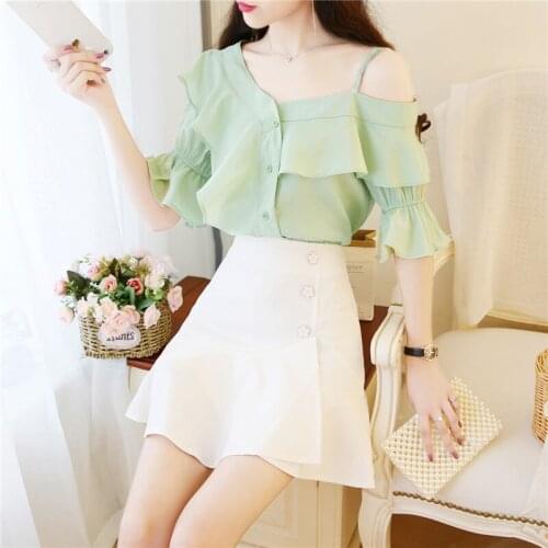 SWEETXUE 2021 New Fashion Casual Women Two-piece Set Small Fresh Off Shoulder Ruffled Chiffon Shirt + Ruffled Skirt Suit Ladies