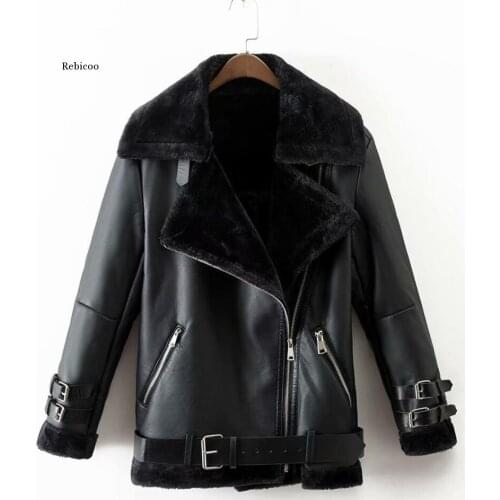 Winter Sheepskin Coats Women Thicken Faux Leather Fur Coat Female Fur Lining Leather Jacket Aviator Jacket casaco feminino