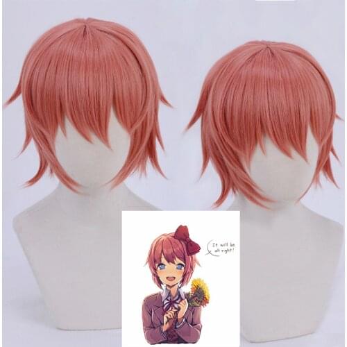 Anime Doki Doki Literature Club Sayori Short Pink Red Heat Resistant Hair Cosplay Costume Wigs + Bow Hairpin + Free Wig Cap