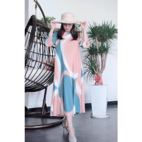 HOT SELLING Miyake fold o-neck Circle print dress the three quarter A-Line dress IN STOCK