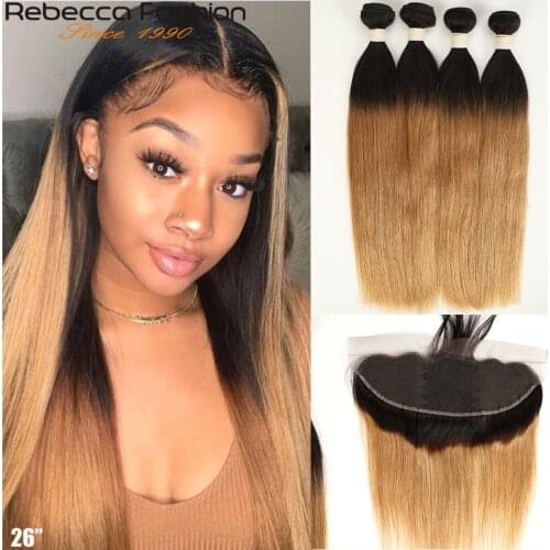 Rebecca Ombre Bundles With Frontal Two Tone 1B/99J 1B/27 1B/30 Brazilian Straight Hair 3 4 Bundles With Lace Frontal Closure