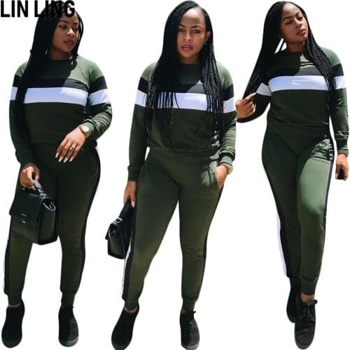 LINLING Leisure Running Sports Side Stripe Splicing Long Sleeve Pullover + Trousers Suit
