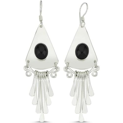 Silver 925 Sterling Onyx Gemstone Dangle Hand Handwork Earrings