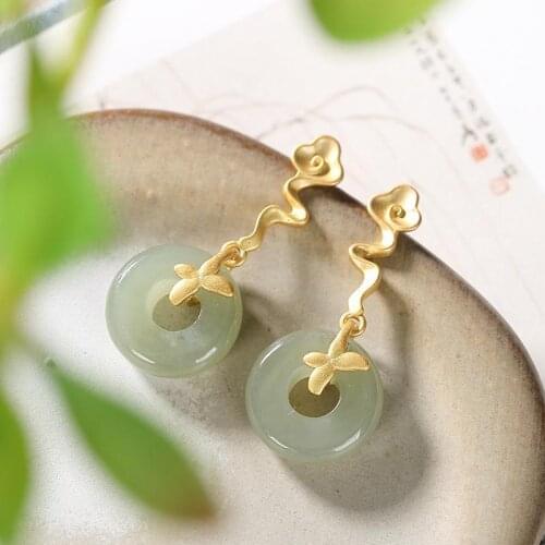 Sterling Silver Gold Plated Peace Buckle Cloud Deep Unknown Xiangyun Hetian Gray Jade with Cheongsam Earrings for Women 2020 Spr