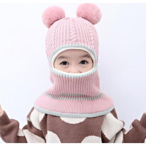 Doitbest pompom balls baby Winter Velvet Ear Cap Kids Autumn Hooded Hat Neck Warmer Cap Photography Prop hats for Boys girls
