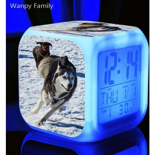 Husky Dog LED Alarm Clock 7 Color Changing Glowing Digital Alarm Clock Kids Gift Multifunction Night Light Watches Clock