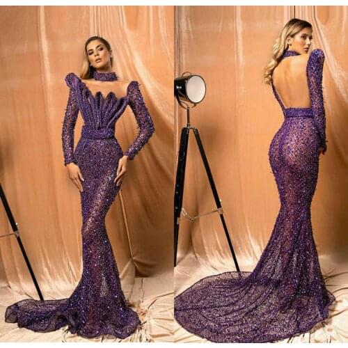 Dubai Sexy Backless Evening Dresses Islamic Turkish Women Formal Party Gowns Arabic Prom Dress Long Sleeve Robe De Soiree 2020