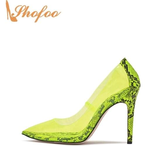 Green Snake Prints Stilettos Pumps PVC Woman High Thin Heels Pointed Toe Large Size 12 16 Ladies Fashion Office Shoes Shofoo