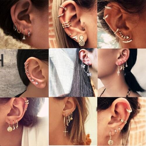 Vintage Minimalist Gold Stud Earrings Set for Women Mixed Geometric Crystal Moon Star Butterfly Earrings Boho Female Jewelry