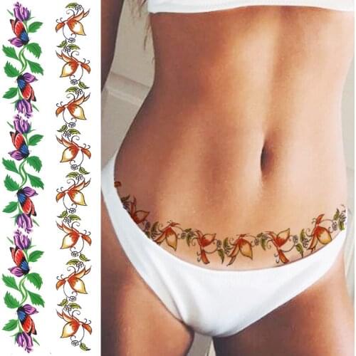 Long Flower Temporary Tattoos For Women Girls Watercolor Lily Butterfly Tattoo Sticker Fake Flora Leaves Waist Transfer Tatoos
