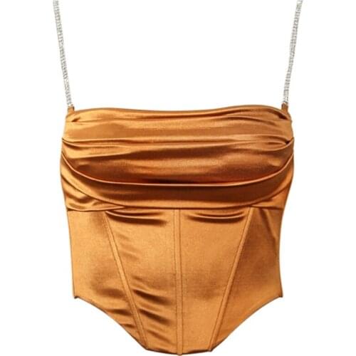 Y166 Women Sexy Rhinestone Chain Bustier Crop Top Solid Color Spaghetti Strap Satin Camisole Zipper Mini Corset Sling Vest