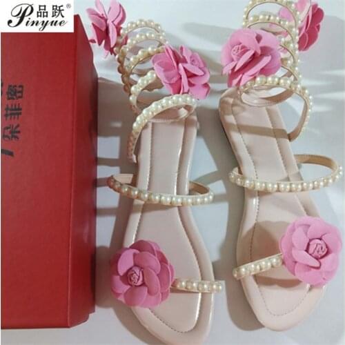 Women Summer Shoes Flat Wedge Sandals High Heels Snake Strap Open Toe Pearl Flowers Women Gladiator Sandals Sexy Shoes