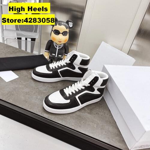 RunWay Casual Designer Women Trainer Black Genuine Leather Patchwork Lace Up Breathable Thick Sole Casual Shoes Hi top Sneakers