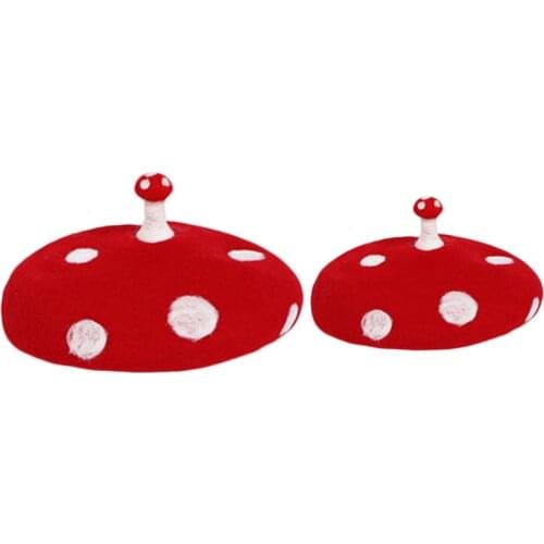 Women Kids Novelty Cute Small Mushroom Red Beret Cap Handmade Faux Felt Wool White Point Vintage French Artist Painter Hat