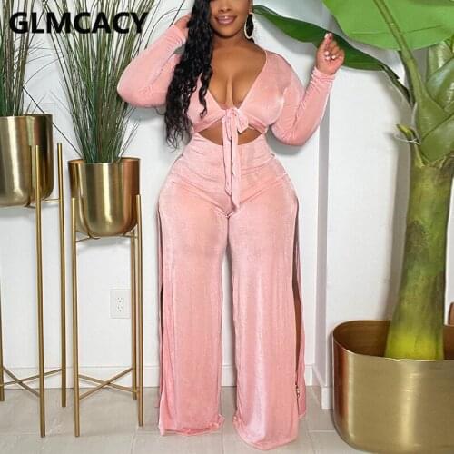 Women Long Sleeve V Neck Tie Front Slit Jumpsuit Sexy Party Club Overalls