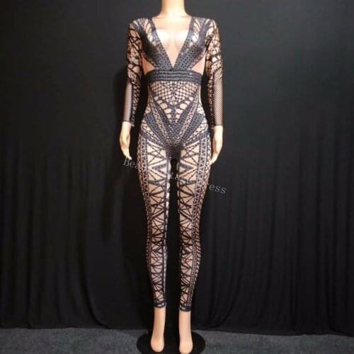 Womens Fashion Black Jumpsuit Costume One-piece Nightclub Dance Bandage Printed Outfit Party Stage Celebrate Wear