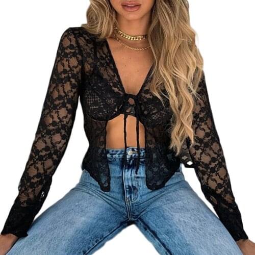 Ladies Casual Sexy Hollow Mesh Top Lace-up Chest Belt Perspective Long Sleeve Underwear Ladies Lace V-Neck Cardigan Lace-up Top