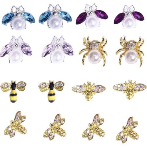 10pcs/bag Metal Alloy Bee Shape 3D Nail Art Decorations Gold Silver Jewelry Gems Pearl Charms Nail Rhinestones Accessories JE387