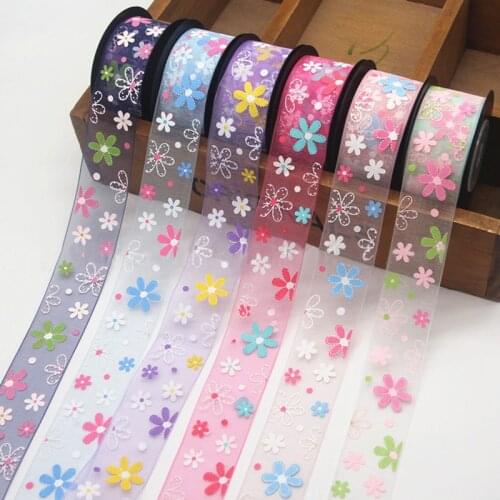 10yards/roll 25mm Colorful Gradient Flower Printed Organza Ribbon for Hair Bow DIY Clothing Accessories Party Decor Supplies