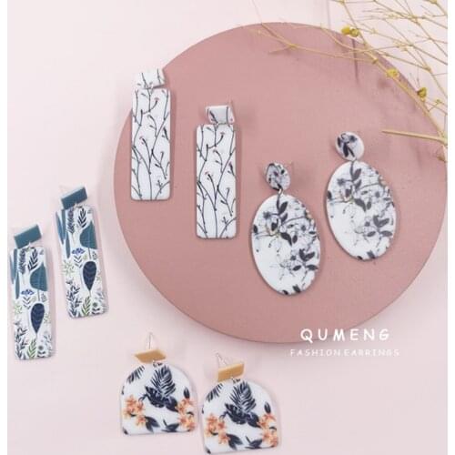 2020 Korean Popular Fresh Flowers Plant Floral Printing Acrylic Geometry Drop Pendant Earrings Simple Elegant Women Jewellery