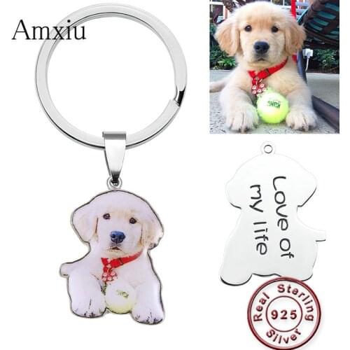 Amxiu DIY 925 Sterling Silver Key Chains Custom Dog Cat Photos KeyChains Engraved Name Date Keychain For Women Men Special Gift