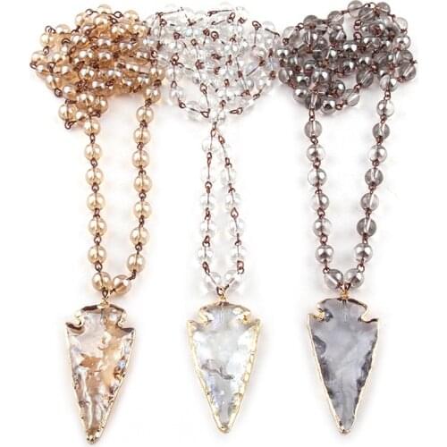 Free Shipping Fashion Bohemian Tribal Jewelry 8mm Glass Rosary Chain Crystal Arrowhead Pendant Necklaces