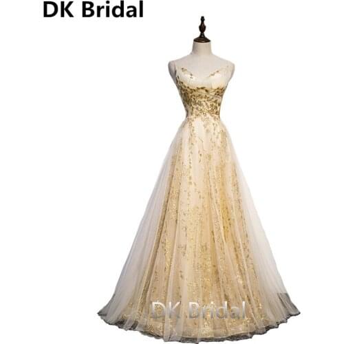 Glaring Champagne Gold Evening Dress Sexy Illusion V-neck Long A-Line Lace Up Sequins Prom Gown Formal Dress robe de soiree