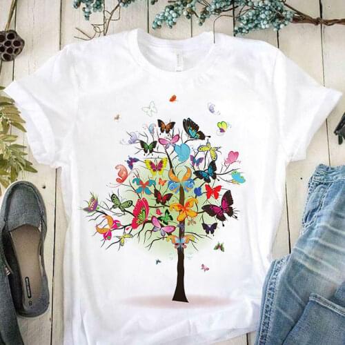 Butterfly Tree Graphic Print T-shirt Women Harajuku Aesthetic White Tops Tshirt Tee 2021 New Summer Fashion Y2k Female T Shirt