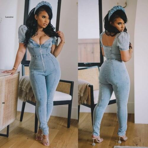 Sexy Backless Zipper Denim Rompers Summer Women Elegant Puff Sleeve Bodycon Jeans Jumpsuit Office Lady Business OL Work Bodysuit