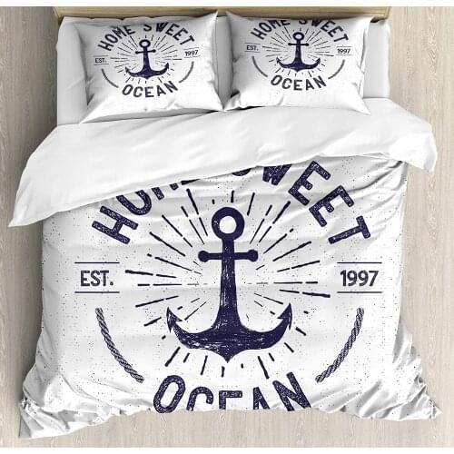 Anchor Duvet Cover Set Home Ocean Lettering on a Nautical Sketch with Worn Out Background Decorative 3 Piece Bedding Set