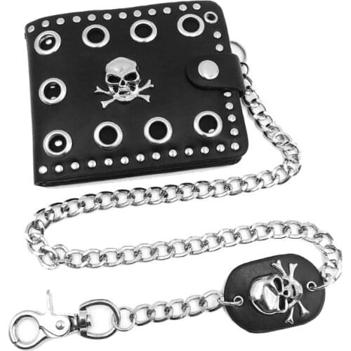 Leather Cool Punk Gothic Western Skull Clutch Purse Wallets With Chain For Men