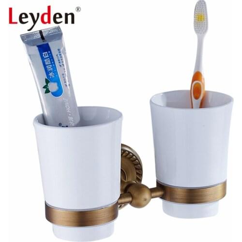 Leyden High Quality Brass Antique Double Tumbler Holders with Ceramic Cup Wall Mounted Toothbrush Cup Holders Bathroom Accessory