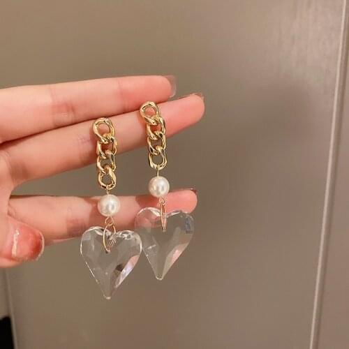 Lifefontier Trendy Transparent Crystal Love Heart Hanging Earrings for Women Gold Color Metal Chain Pearl Drop Earrings Jewelry