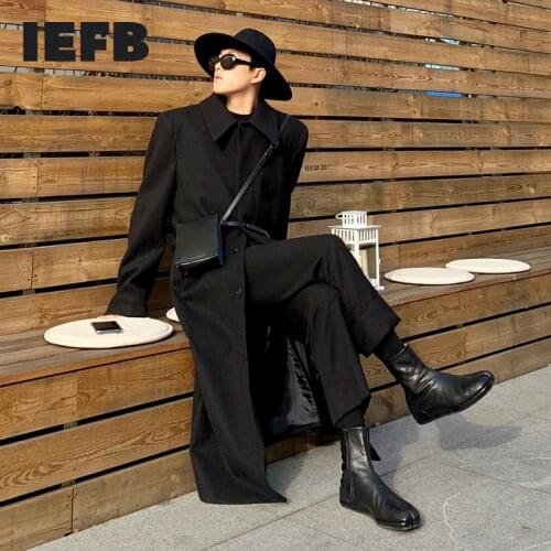 IEFB Black Single Button Thrn Down Collar Woolen Coat Autumn Winter New Mens Medium Length Thick Korean Trendy New Coat 9Y5236