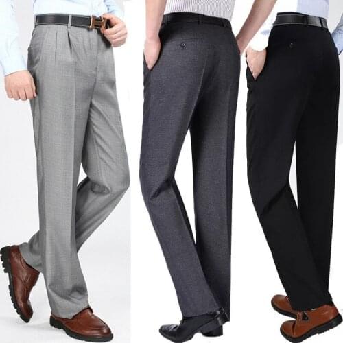 New Summer Thin Mens Double Pleated Pants High Waist Loose Business Casual Mens Suit Pants Single Pleated Iron Pants
