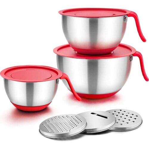 New Mixing Bowls with Lids,Stainless Steel Mixing Bowls Salad Metal Bowl with Lids & 3 Graters, Pour Spout & Long Handle