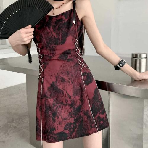 Sexy Straps Tie-dye Dress Women 2021 Summer New Vintage Print Mini Dress With Chain Female Fashion Streetwear Sleevelss Dresses