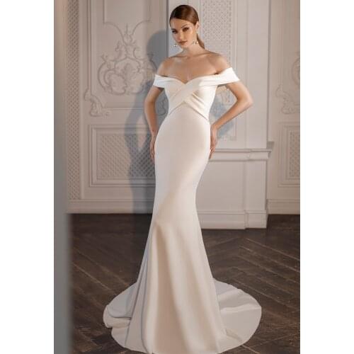 Off Shoulder Satin Fishtail Wedding Dress Crisscross Hollow Zipper Bodycon Simple Elegant Mermaid 2021 Bridesmaid Bridal Gowns