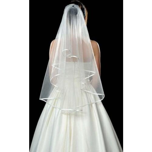 Women Elegent Bride Veil Ceremonial Shoulder Strap Wedding Bridal Tulle Veils and Lace Ribbon Edge White